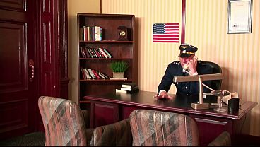 Two bisexual, busty college roommates visit Captain Christian’s office to persuade him to fuck in a hardcore threesome